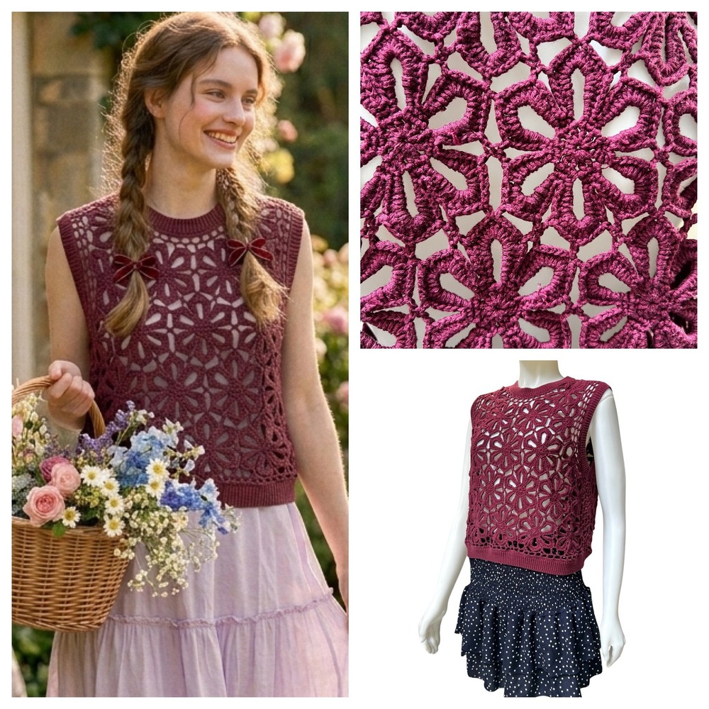 Noni Floral Crochet Open Knit Vest XLT‎ Burgundy Whimsygoth Cottage Core Boho